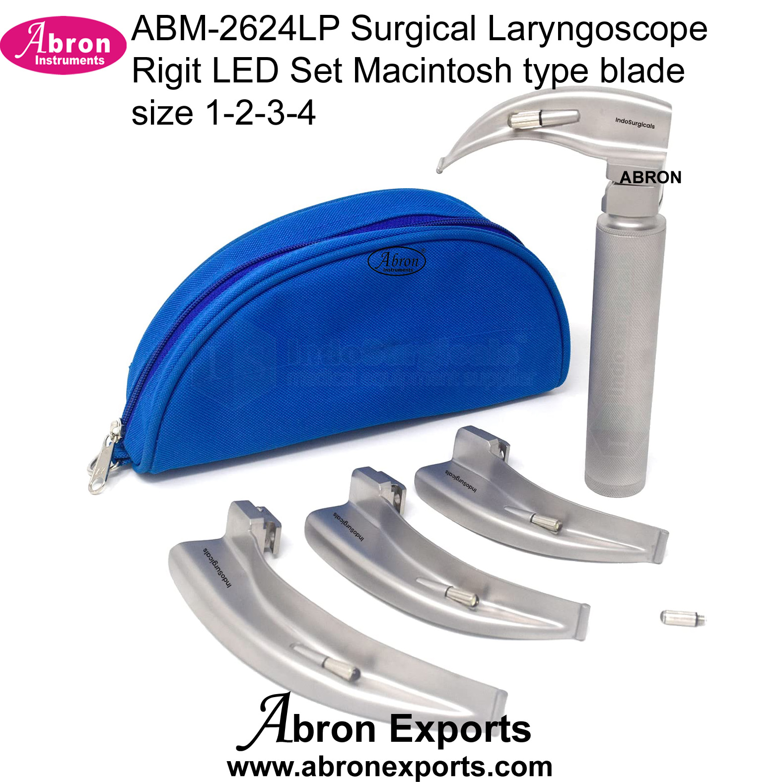 Macintosh type curved laryngoscope blades  Surgical Laryngoscope Rigit LED Set Size 1 2 3 4 Abron ABM-2624LP